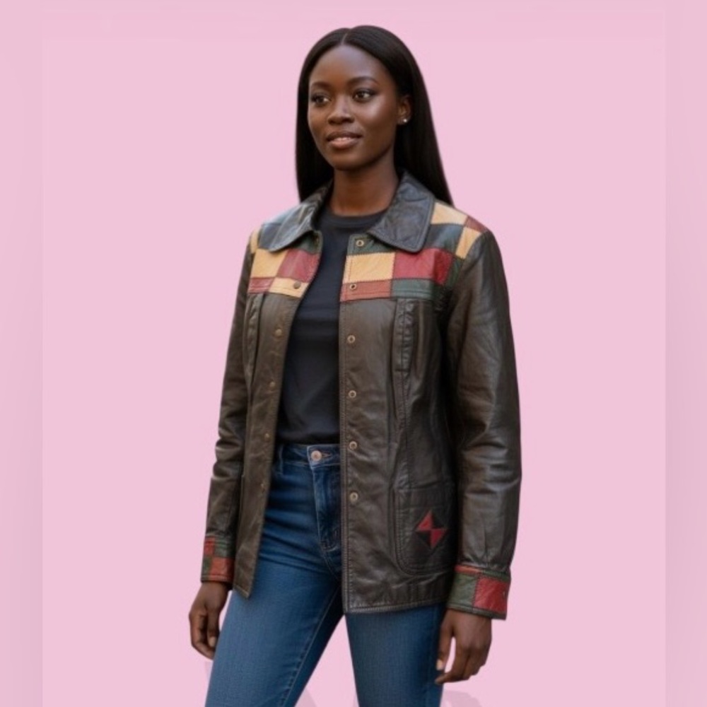 Vintage Women’s Taylor vintage Black Multicolor Patchwork Leather Jacket